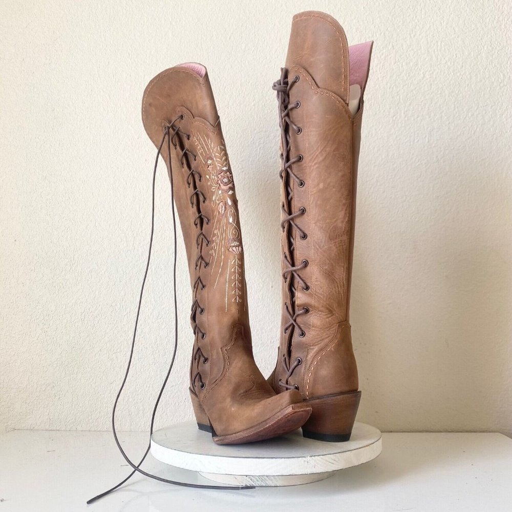 Junk Gypsy Lane Honeysuckle Rose Cowboy Boots 7.5 Brown Lace Up Over The Knee